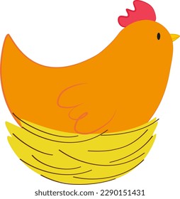  Vector illustration of orange chicken character in nest in cartoon style. Vector template of chicken in nest for Easter design