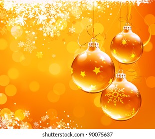 Vector Illustration Of Orange Christmas Abstract Background With Cool Snowflakes And Christmas Decorations