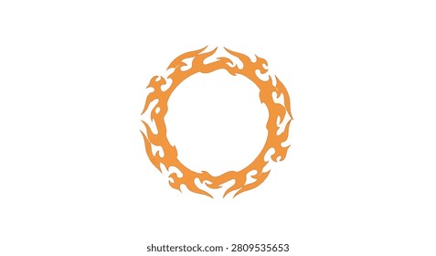 Vector illustration of an orange circular tribal flame ring design isolated on a white background. Stylized fire motif with jagged flame edges forming a symmetrical round frame.