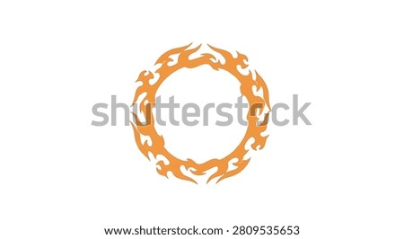 Vector illustration of an orange circular tribal flame ring design isolated on a white background. Stylized fire motif with jagged flame edges forming a symmetrical round frame.