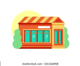Vector illustration of orange city building, kiosk, shop, house with signboard. Cute sunny colors. Isolated on yellow background.
