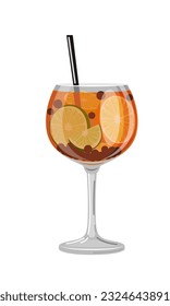 Vector illustration of an orange cocktail with a citrus fruit slice and a straw on a white background in a flat style. Suitable for menu design, food stickers, scrapbooking.