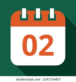Vector illustration in orange color of specific day calendar marked on day 02, calendar vector flat icon with shadow and green background.