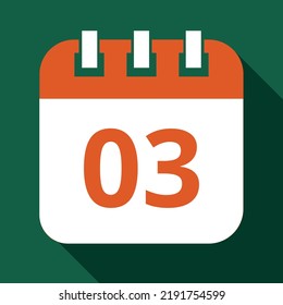 Vector illustration in orange color of specific day calendar marked on day 03, calendar vector flat icon with shadow and green background.