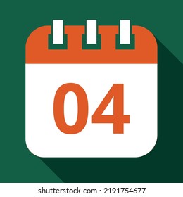 Vector illustration in orange color of specific day calendar marked on day 04, calendar vector flat icon with shadow and green background.