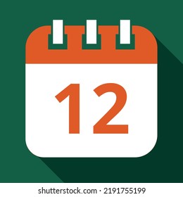 Vector illustration in orange color of specific day calendar marked on day 12, calendar vector flat icon with shadow and green background.