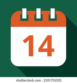 Vector illustration in orange color of specific day calendar marked on day 14, calendar vector flat icon with shadow and green background.
