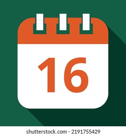 Vector illustration in orange color of specific day calendar marked on day 16, calendar vector flat icon with shadow and green background.