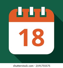 Ilustración vectorial en color anaranjado del calendario del día específico marcado el día 18, icono plano vectorial del calendario con sombra y fondo verde.