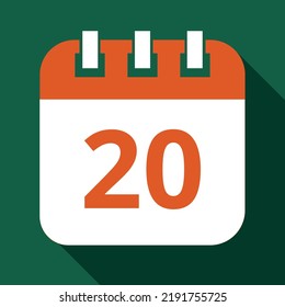 Ilustración vectorial en color anaranjado del calendario del día específico marcado en el día 20, icono plano vectorial del calendario con sombra y fondo verde.
