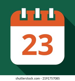 Vector illustration in orange color of specific day calendar marked on day 23, calendar vector flat icon with shadow and green background.
