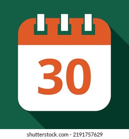 Vector illustration in orange color of specific day calendar marked on day 30, calendar vector flat icon with shadow and green background.