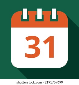 Ilustración vectorial en color anaranjado del calendario del día específico marcado el día 31, icono plano vectorial del calendario con sombra y fondo verde.