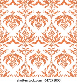 Vector illustration. In orange colors on a white background. Ikat damask seamless pattern background tile.