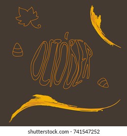 Vector illustration of orange contour letters shaped like pumpkin. Hand drawn