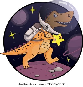 Vector illustration. An orange dinosaur with a star is running around the planet