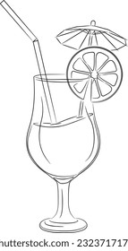 Vector illustration of orange drink with cocktail umbrella, orange slice and straw. Image of summer cocktail with orange in vector. Illustrations of drinks, juices and cocktails. 