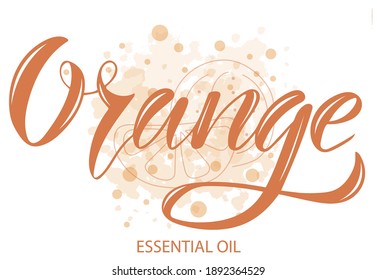 Ilustración vectorial de Orange
Texto esencial de aceite para logotipo, embalaje, banner, etiqueta, afiche, decoración, postal. Antecedentes de la caligrafía del aceite esencial de naranja. EPS 10.
