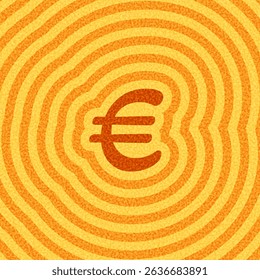 Vector illustration of an orange euro currency sign centered in warm yellow concentric ripple waves with a textured background.