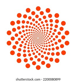 Vector Illustration Of Orange Fibonacci Dotted Spiral. Swirl Pattern Dots On A White Background. Abstract Dotted Spiral Vortex.