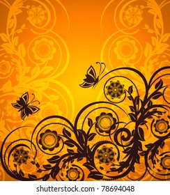 vector illustration of an orange floral ornament with butterfly. Eps10