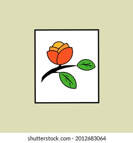 Vector illustration of an orange flower on a tree branch with two green leaves