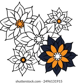 Vector illustration of an orange flower with two green leaves