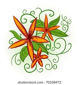 Vector illustration. Orange flowers with green leaves and abstract pattern