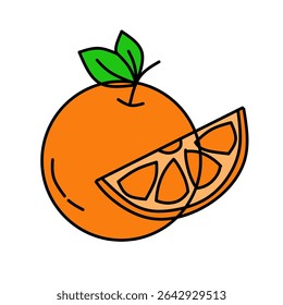 Vector illustration of an orange fruit with a fresh slice beside it. The image shows a whole orange with green leaves and a detailed orange wedge. Clean line-style design, suitable for food icons. 