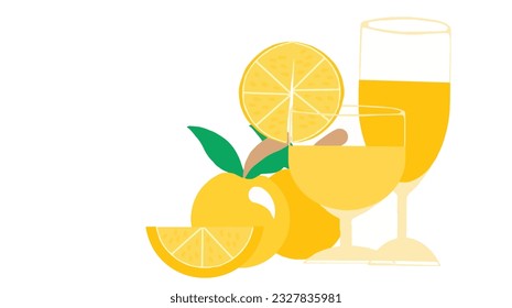 Vector illustration of an orange fruit with a glass of orange juice on a white background.