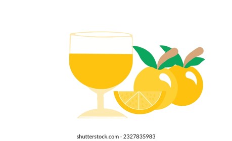 Ilustración vectorial de un fruto de naranja con un vaso de zumo de naranja sobre un fondo blanco.