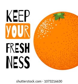 Vector Illustration with Orange Fruit in Hipster Style. Ripe Juicy Citrus Fruit. Stylized Isolated Orange or Grapefruit or Mandarin for Card, Invitation, Design, Brochure, Marketing, Advertising.