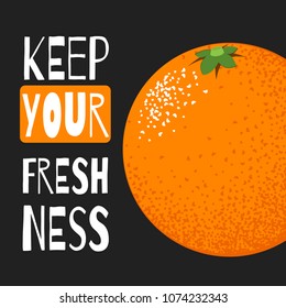 Vector Illustration with Orange Fruit in Hipster Style. Ripe Juicy Citrus Fruit. Stylized Isolated Orange or Mandarin for Card, Invitation, Design, Brochure, Marketing, Advertising.