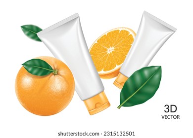 vector illustration orange fruits with cosmetic cream tube flying on the white color background isolated,use for orange fruits cosmetic items banner, poster and label design.