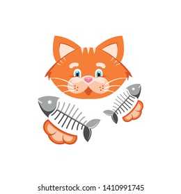 Vector illustration. Orange funny cat with fish bone. Goods for pet store, pet food, the concept of an advertising logo.