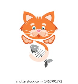 Vector illustration. Orange funny cat with fish bone. Goods for pet store, pet food, the concept of an advertising logo.