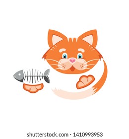 Vector illustration. Orange funny cat with fish bone. Goods for pet store, pet food, the concept of an advertising logo.