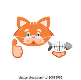 Vector illustration. Orange funny cat with fish bone. Goods for pet store, pet food, the concept of an advertising logo.