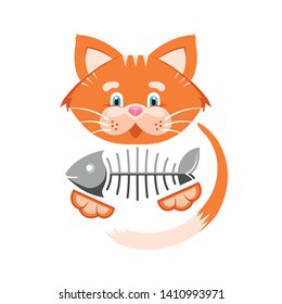 Vector illustration. Orange funny cat with fish bone. Goods for pet store, pet food, the concept of an advertising logo.