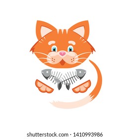 Vector illustration. Orange funny cat with fish bone. Goods for pet store, pet food, the concept of an advertising logo.