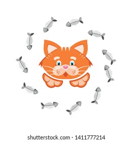 Vector illustration. Orange funny cat with framed fish bones. Template for the goods, pet store, pet food, veterinary and vet clinics. Decoration and advertising logo concept.