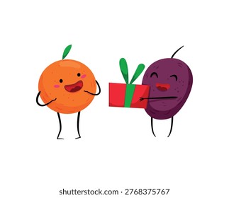 Vector illustration of an orange giving a wrapped gift to a purple plum.