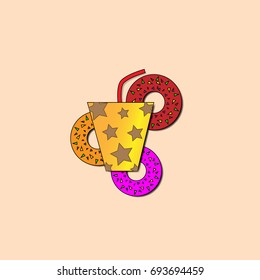 Vector illustration orange glass with brown stars and a red straw on a background of three donuts with a multicolored powder on a beige background with shadows.