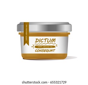 Vector illustration orange glass jar for baby food realistic bank on white background. Organic baby food puree. Mock up with template design label.