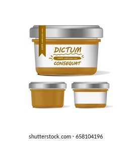 Vector illustration orange glass jar for baby food realistic bank on white background. Organic baby food puree. Mock up with template design label.