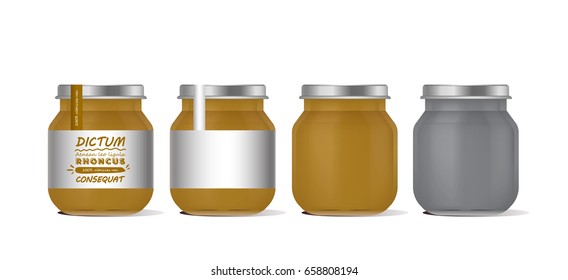 Vector illustration orange glass jar for baby food realistic bank on white background. Organic baby food puree. Mock up with template design label.