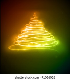Vector illustration of orange glossy Abstract Christmas tree on the black background