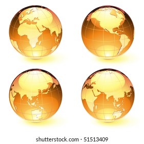 Vector illustration of orange Glossy Earth Map Globes different angles