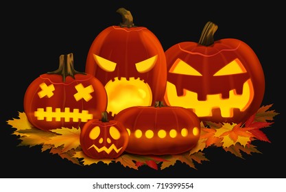 Vector illustration of orange glowing pumpkin lanterns for Halloween with carved faces placed on autumn leaves.