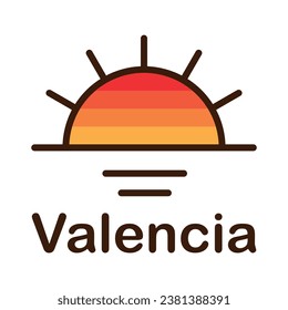 Vector illustration of the orange gradient sun during sunset on the sea isolated on a white background with lettering Valencia